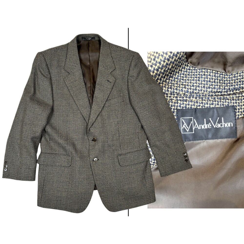 VINTAGE Tweed Sport Coat Blazer Beige Black Lambs Wool Andre Vachon 42S Short